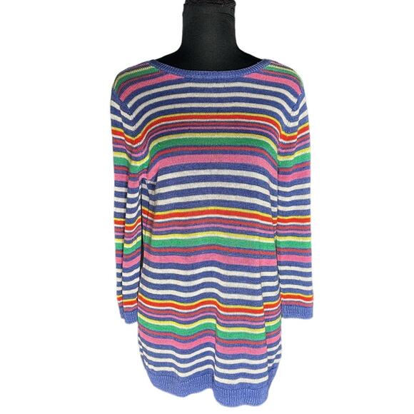 Talbots Colorful Petunia Stripe Linen Crewneck Quarter Sleeve Sweater Size LP - Picture 1 of 7